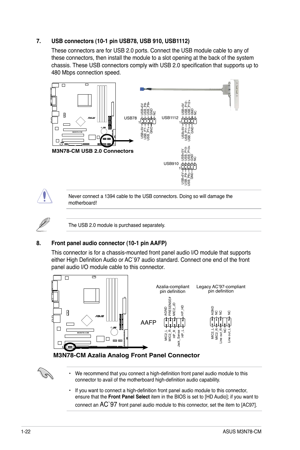 Ac`97, M3n78-cm azalia analog front panel connector, Aafp | Asus M3N78-CM User Manual | Page 32 / 62