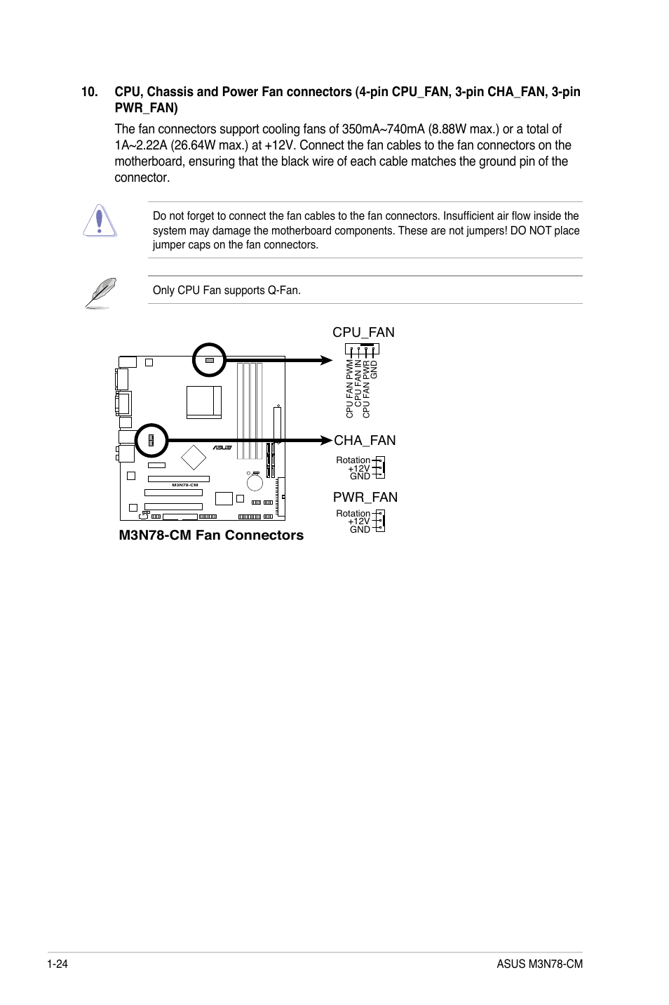 M3n78-cm fan connectors cpu_fan, Cha_fan, Pwr_fan | Asus M3N78-CM User Manual | Page 34 / 62