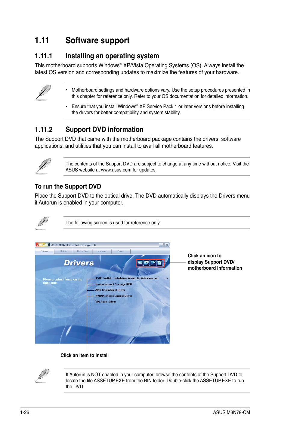 11 software support, 1 installing an operating system, 2 support dvd information | Asus M3N78-CM User Manual | Page 36 / 62