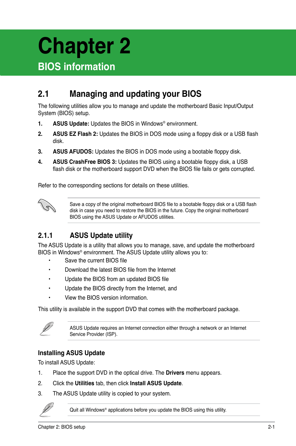 Chapter 2, Bios information, 1 managing and updating your bios | 1 asus update utility | Asus M3N78-CM User Manual | Page 37 / 62