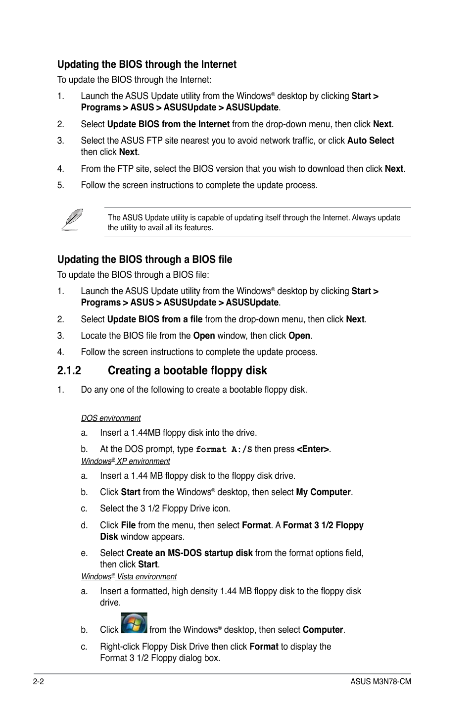 2 creating a bootable floppy disk | Asus M3N78-CM User Manual | Page 38 / 62