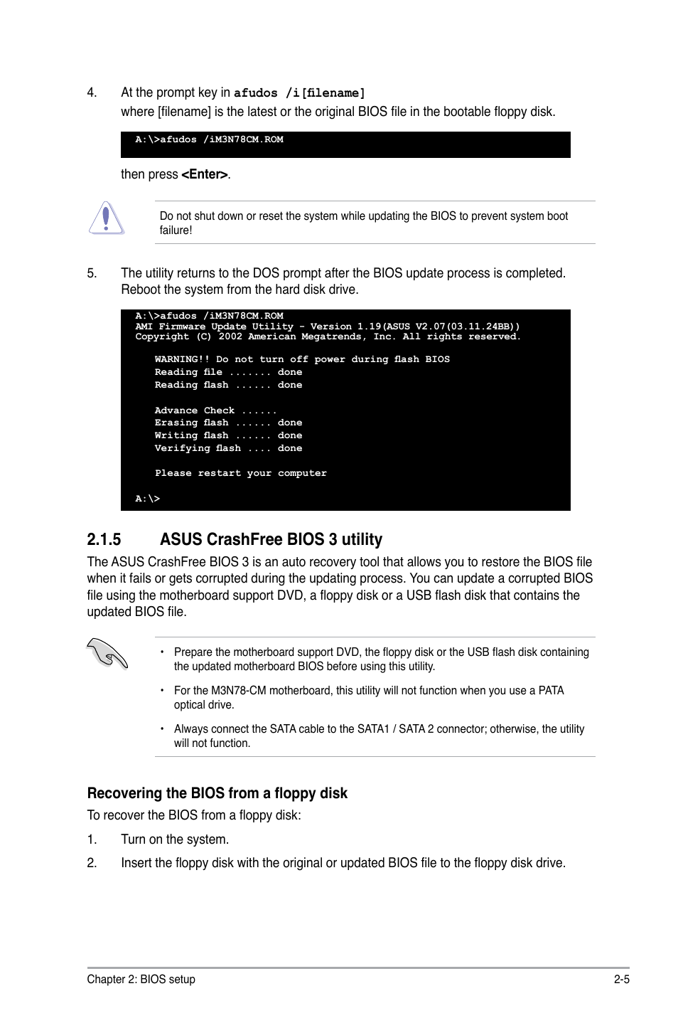 5 asus crashfree bios 3 utility, Recovering the bios from a floppy disk | Asus M3N78-CM User Manual | Page 41 / 62
