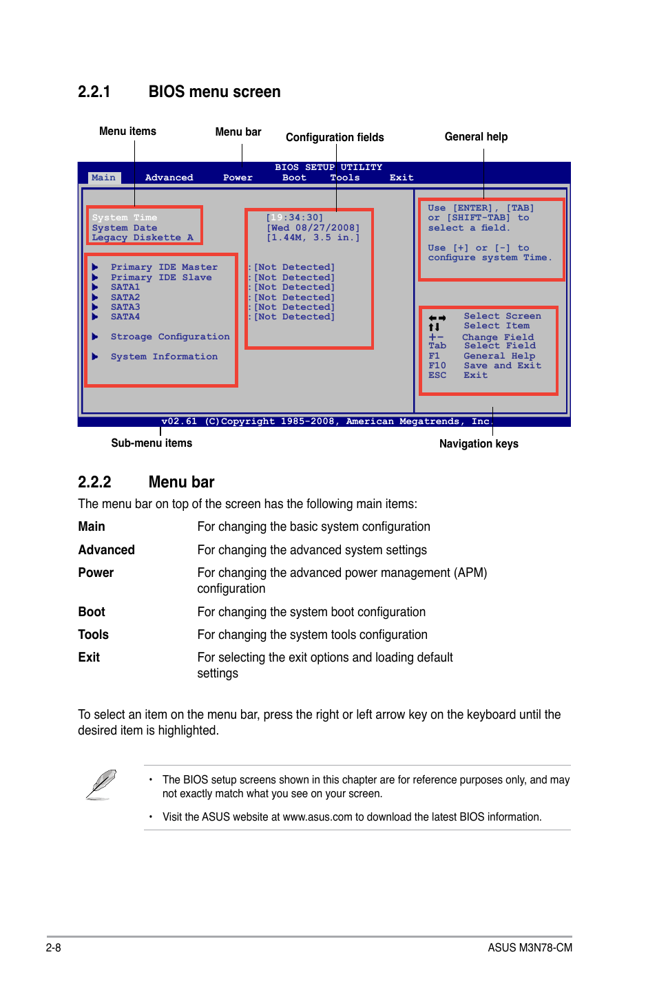 1 bios menu screen 2.2.2 menu bar | Asus M3N78-CM User Manual | Page 44 / 62