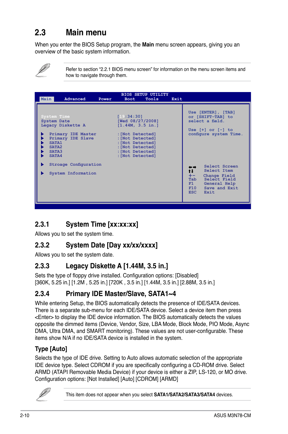 3 main menu, 1 system time [xx:xx:xx, 4 primary ide master/slave, sata1~4 | Type [auto | Asus M3N78-CM User Manual | Page 46 / 62