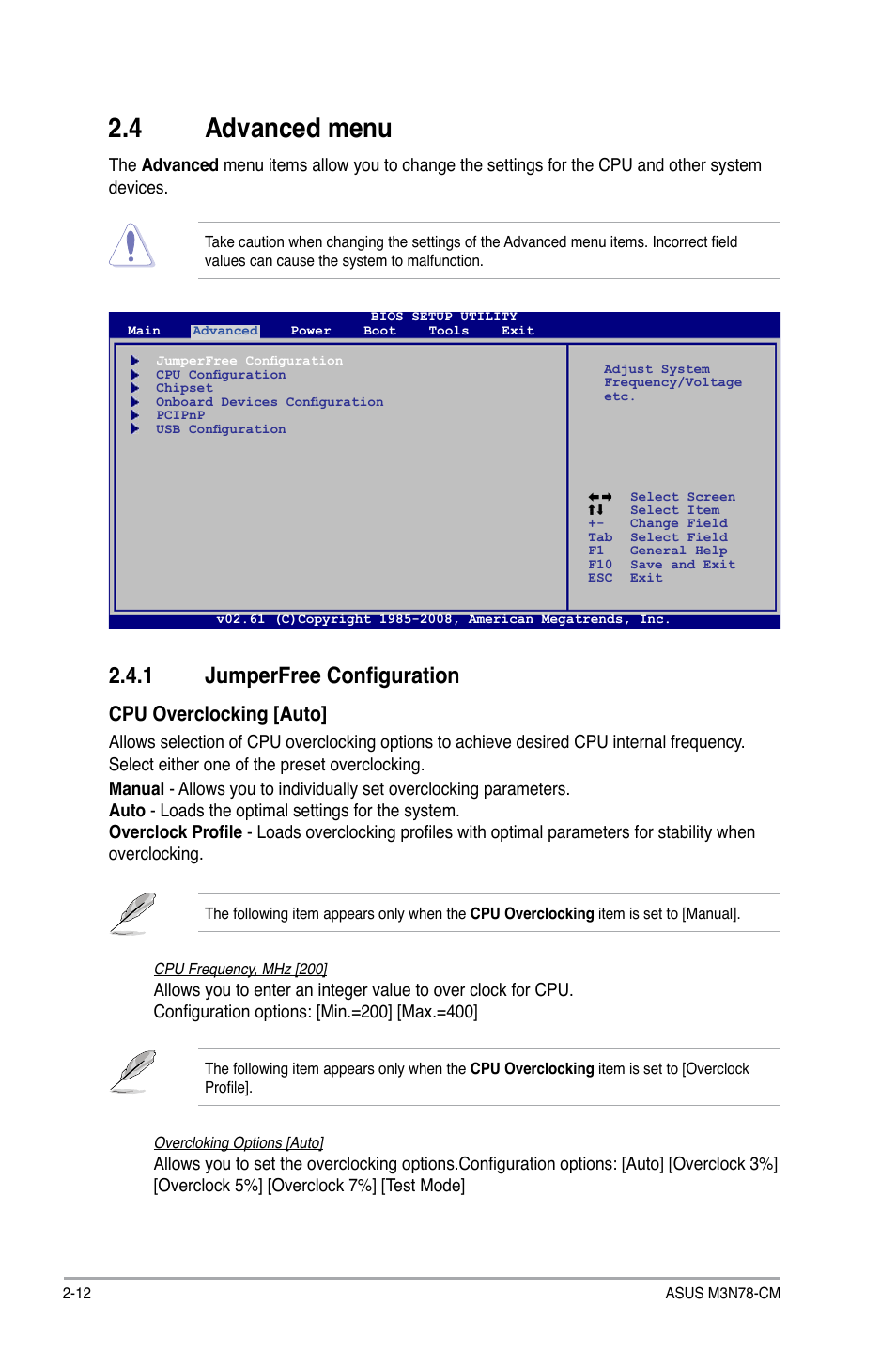 4 advanced menu, 1 jumperfree configuration, Cpu overclocking [auto | Asus M3N78-CM User Manual | Page 48 / 62