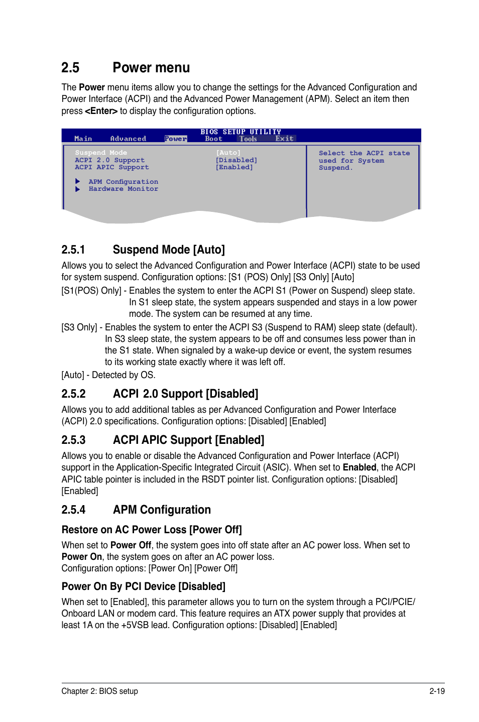 5 power menu, 1 suspend mode [auto, 2 acpi | 0 support [disabled, 3 acpi apic support [enabled, 4 apm configuration | Asus M3N78-CM User Manual | Page 55 / 62