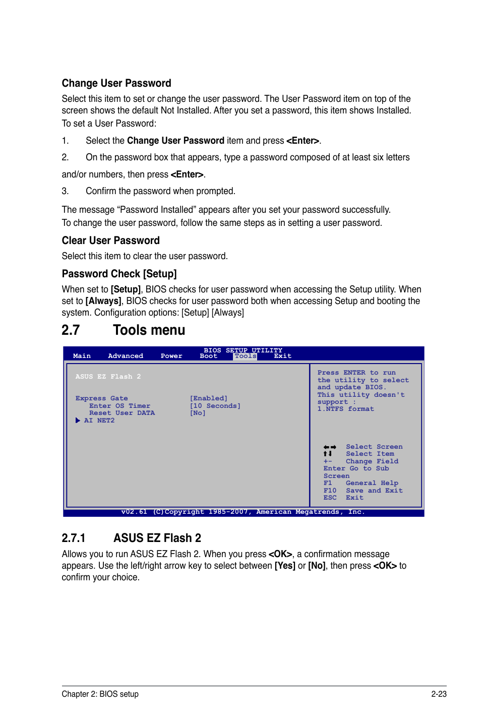 7 tools menu, 1 asus ez flash 2, Change user password | Clear user password, Password check [setup | Asus M3N78-CM User Manual | Page 59 / 62