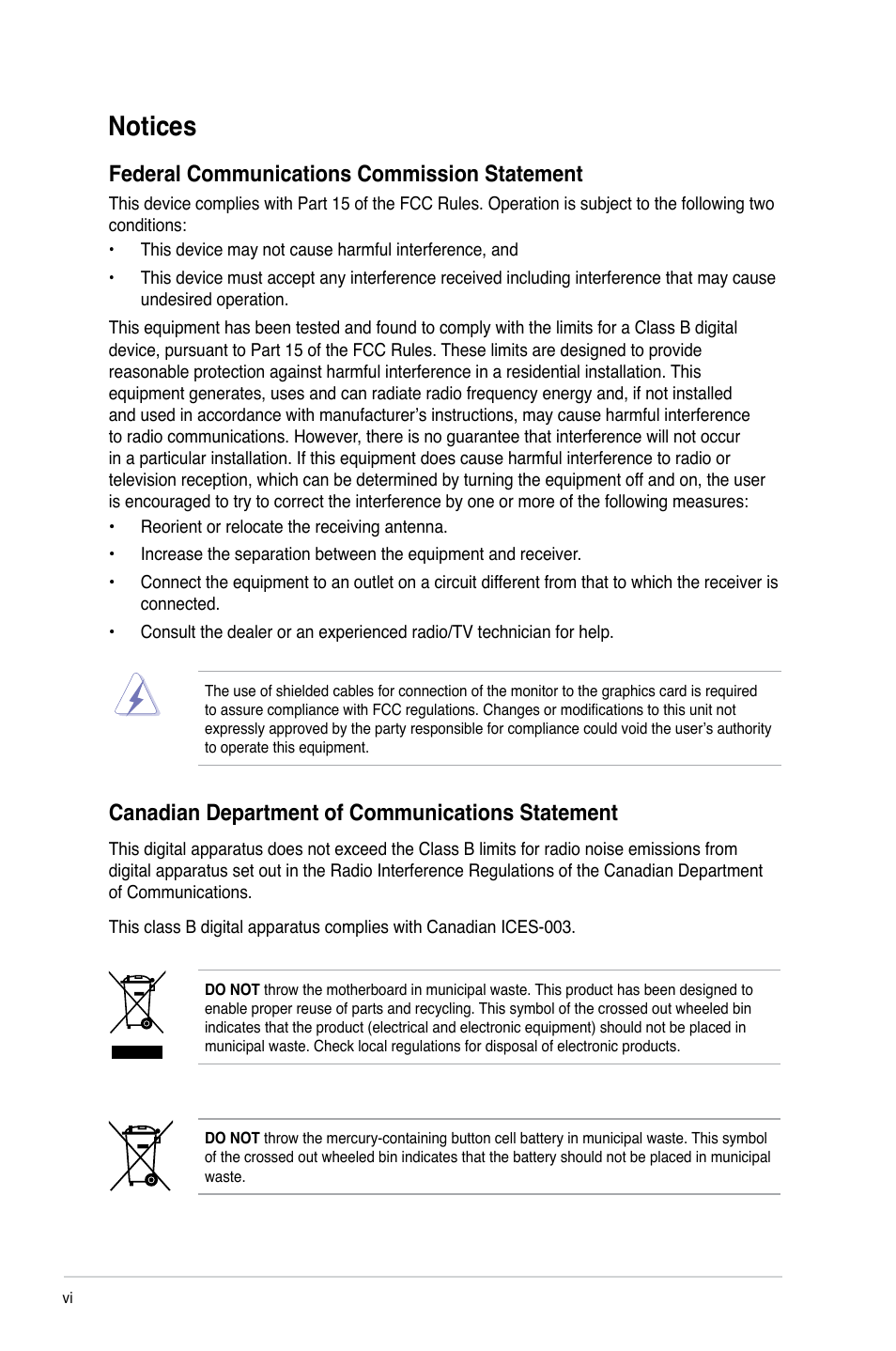 Notices, Federal communications commission statement, Canadian department of communications statement | Asus M3N78-CM User Manual | Page 6 / 62