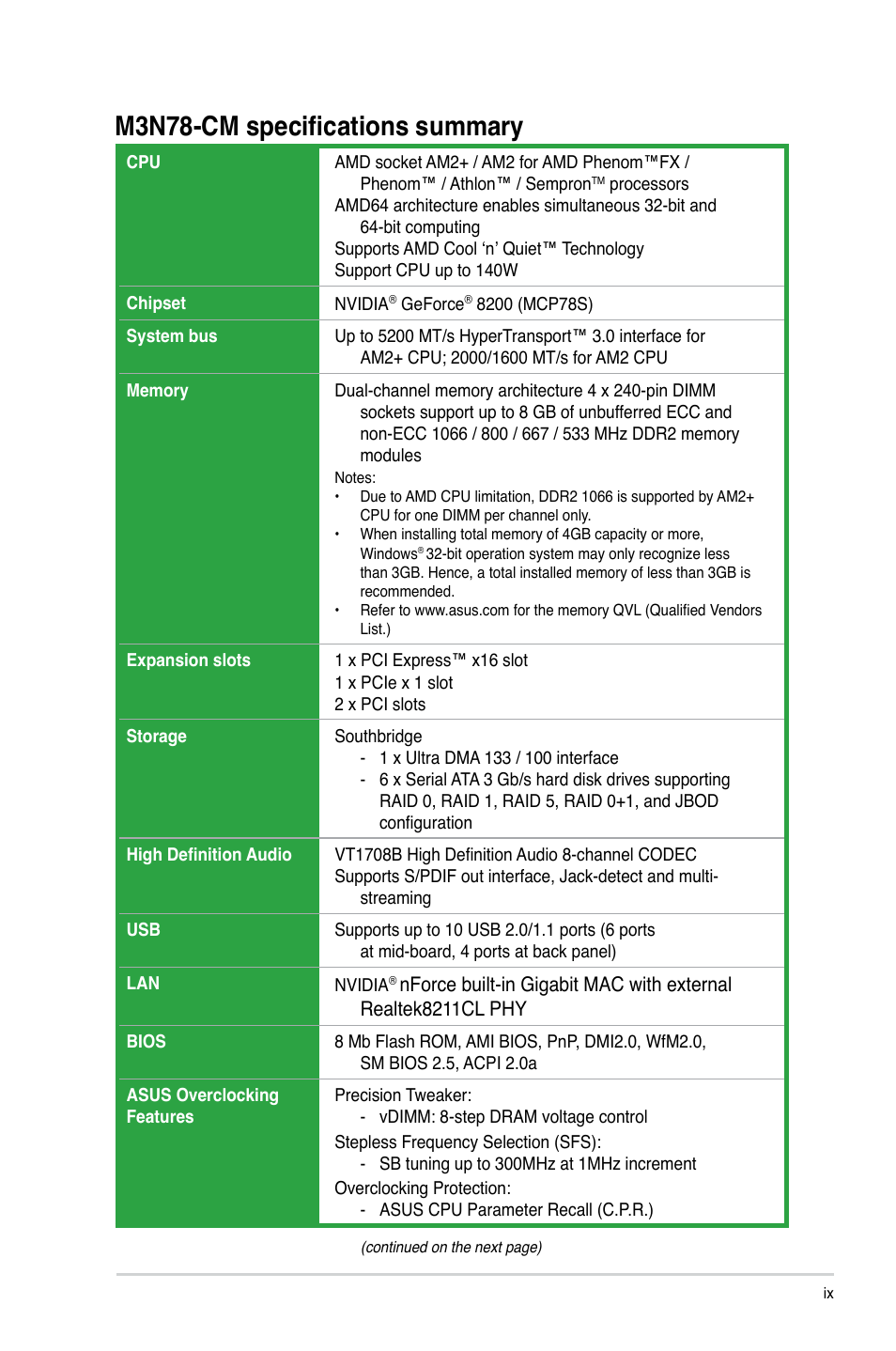 M3n78-cm specifications summary | Asus M3N78-CM User Manual | Page 9 / 62