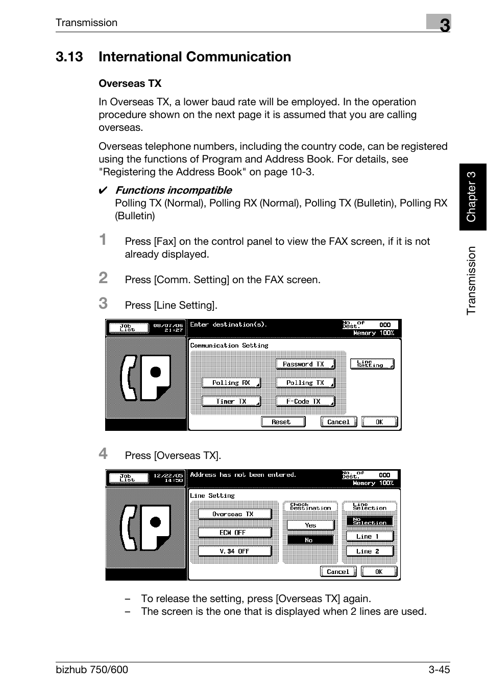 13 international communication, Overseas tx, International communication -45 | Konica Minolta FK-502 User Manual | Page 104 / 458