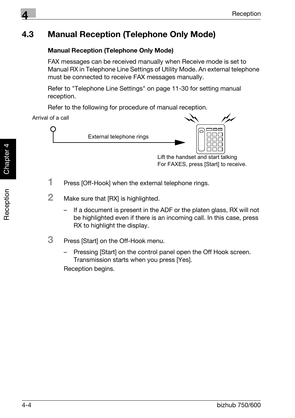 3 manual reception (telephone only mode), Manual reception (telephone only mode), Manual reception (telephone only mode) -4 | Konica Minolta FK-502 User Manual | Page 113 / 458