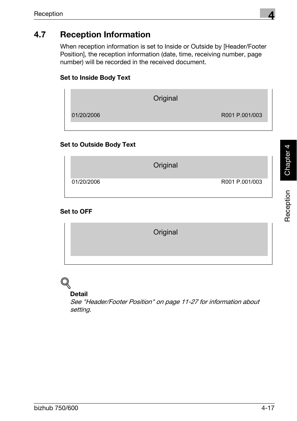 7 reception information, Set to inside body text, Set to outside body text | Set to off, Reception information -17 | Konica Minolta FK-502 User Manual | Page 126 / 458