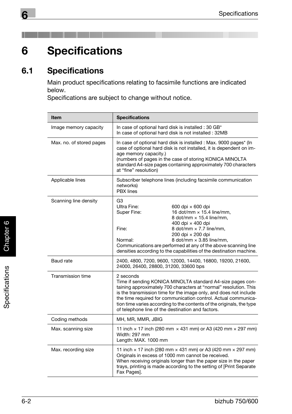 6 specifications, 1 specifications, Specifications | Specifications -2, 6specifications, Sp ecific ations chap te r 6 | Konica Minolta FK-502 User Manual | Page 135 / 458