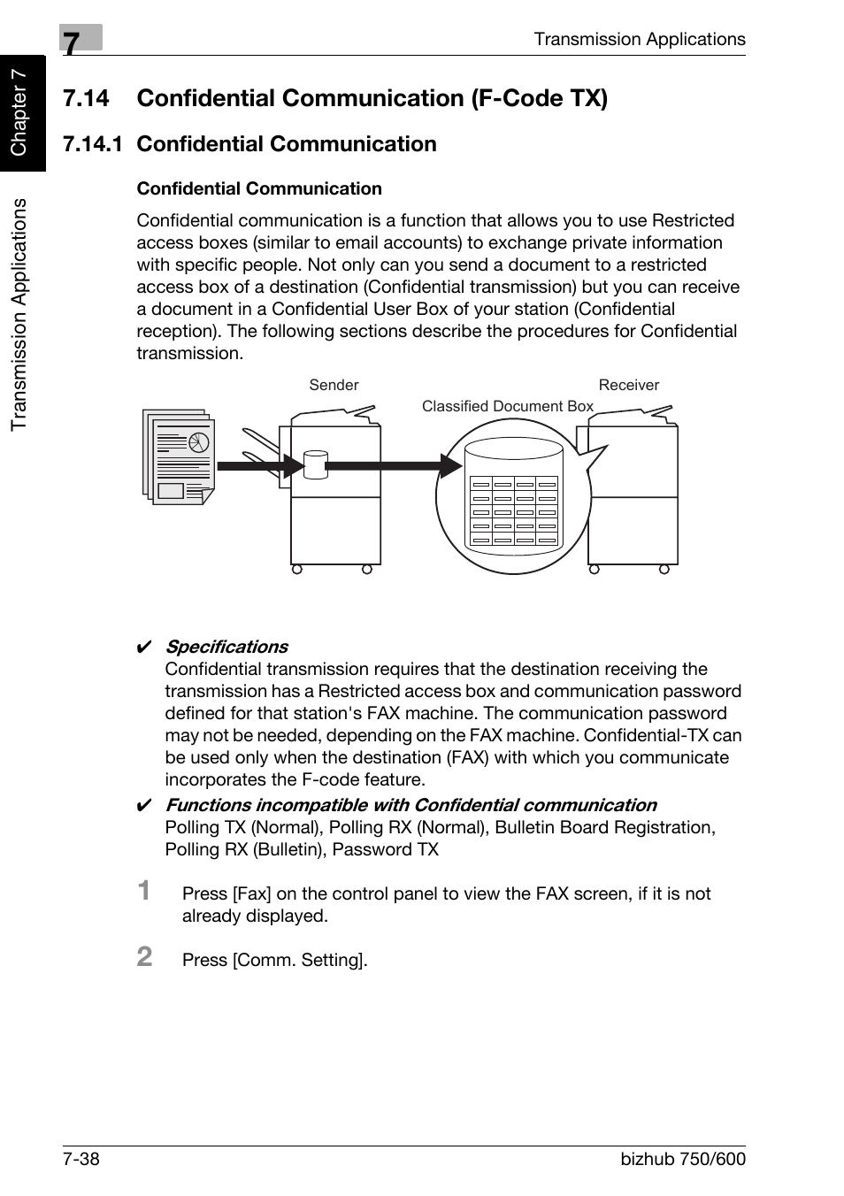 14 confidential communication (f-code tx), 1 confidential communication, Confidential communication | Confidential communication (f-code tx) -38, Confidential communication -38 | Konica Minolta FK-502 User Manual | Page 175 / 458