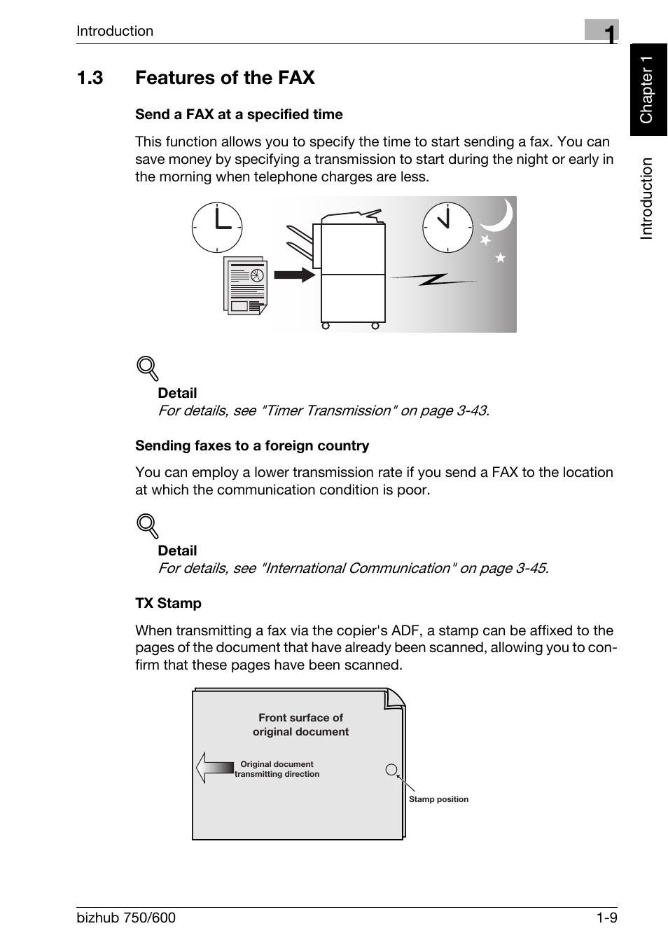 3 features of the fax, Send a fax at a specified time, Sending faxes to a foreign country | Tx stamp, Features of the fax -9 | Konica Minolta FK-502 User Manual | Page 18 / 458