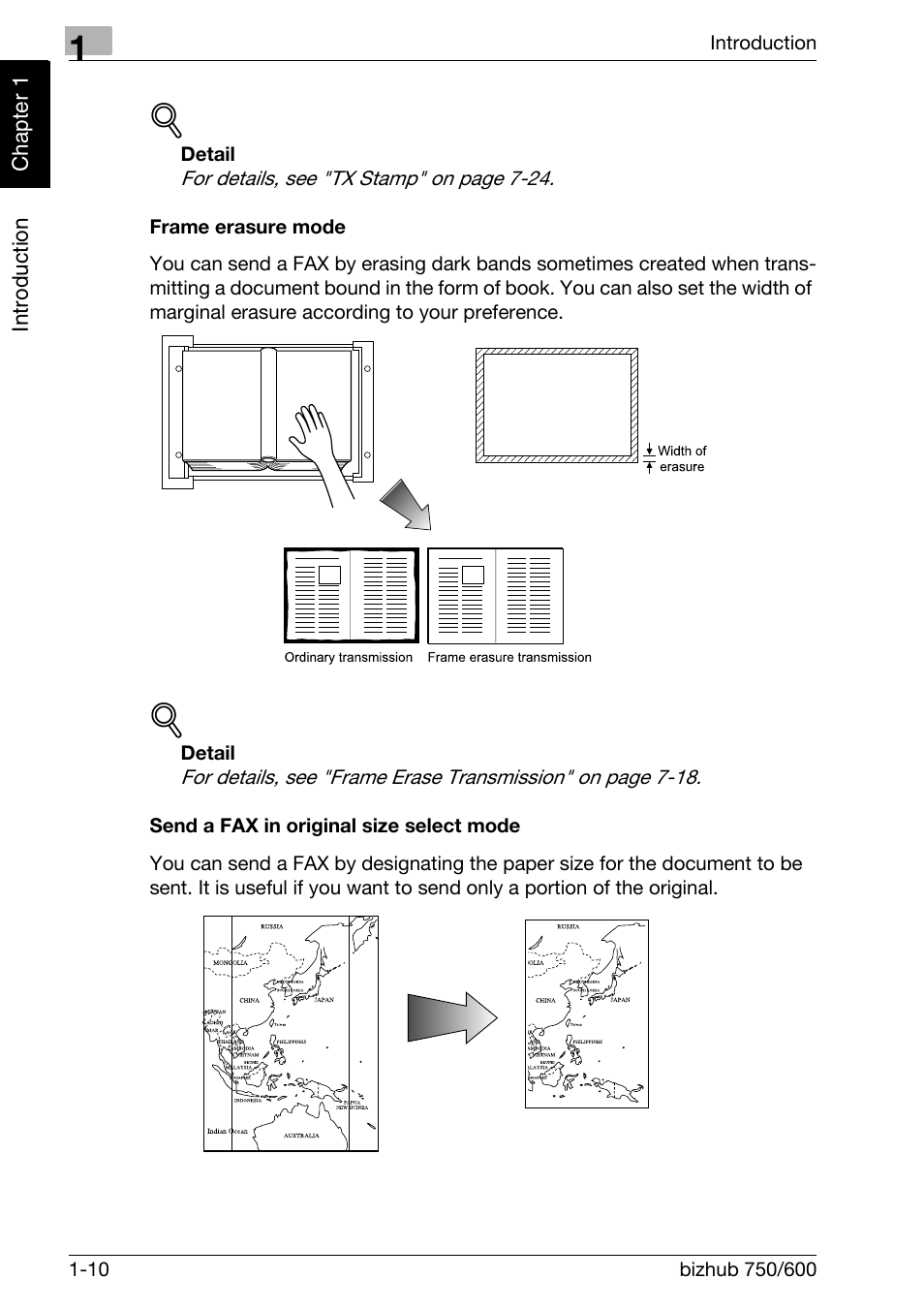 Frame erasure mode, Send a fax in original size select mode | Konica Minolta FK-502 User Manual | Page 19 / 458