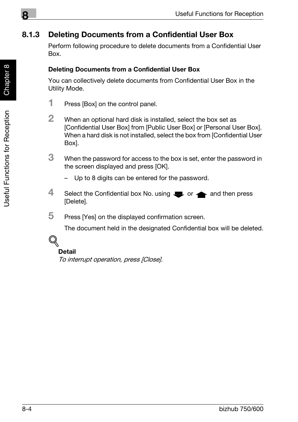 3 deleting documents from a confidential user box, Deleting documents from a confidential user box, Deleting documents from a confidential user box -4 | Konica Minolta FK-502 User Manual | Page 197 / 458