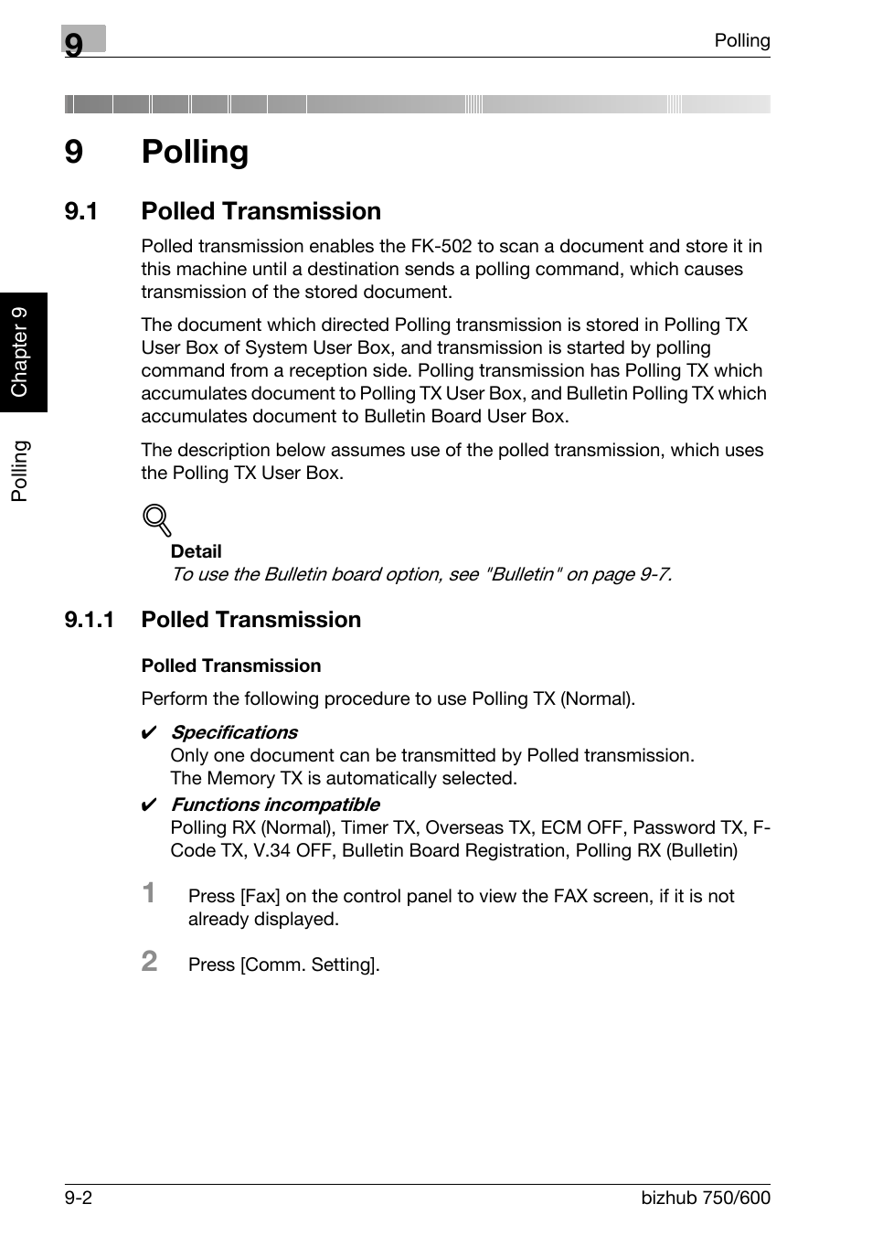 9 polling, 1 polled transmission, Polled transmission | Polling, Polled transmission -2, For details, see "polled transmission" (p. 9-2), 9polling | Konica Minolta FK-502 User Manual | Page 203 / 458