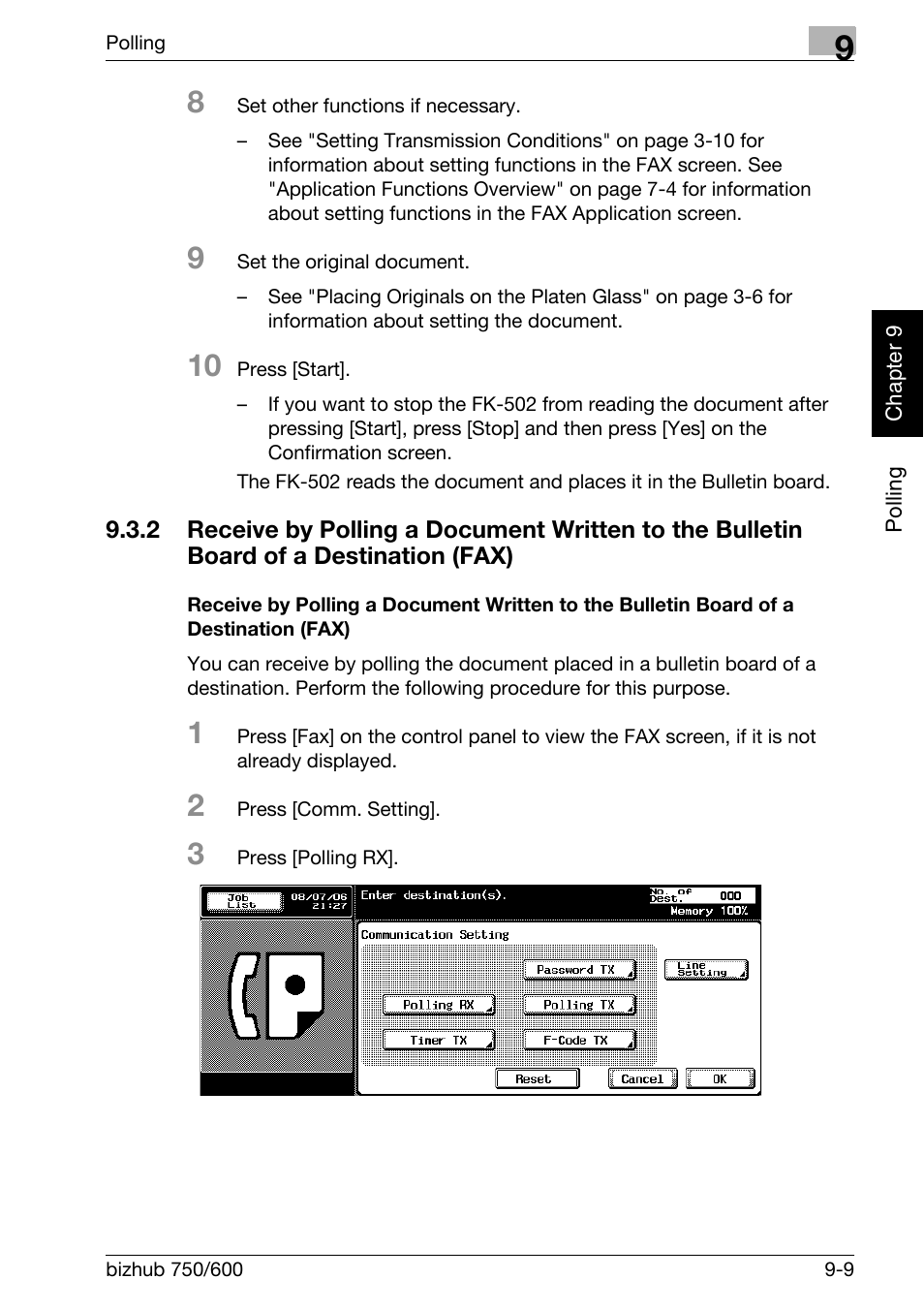 Receive by polling a document written, To the bulletin board of a destination (fax) -9 | Konica Minolta FK-502 User Manual | Page 210 / 458