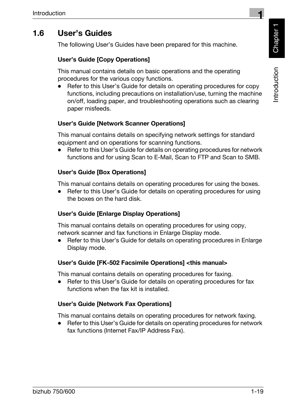 6 user’s guides, User’s guide [copy operations, User’s guide [network scanner operations | User’s guide [box operations, User’s guide [enlarge display operations, User’s guide [network fax operations, User’s guides -19 | Konica Minolta FK-502 User Manual | Page 28 / 458