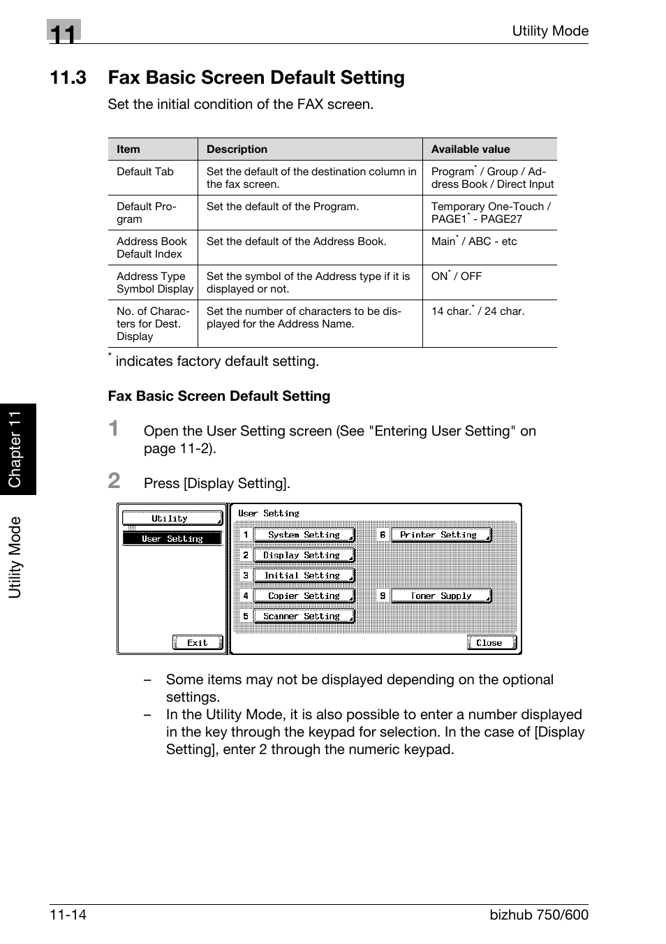 3 fax basic screen default setting, Fax basic screen default setting, Fax basic screen default setting -14 | Utility mode ch ap te r 11 | Konica Minolta FK-502 User Manual | Page 283 / 458