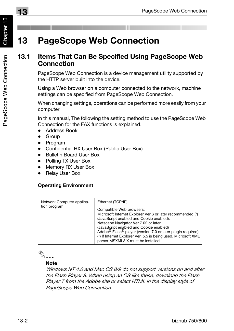 Operating environment, Items that can be specified, 13 pagescope web connection | Konica Minolta FK-502 User Manual | Page 401 / 458