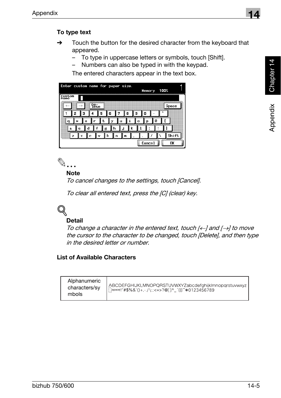 To type text, List of available characters | Konica Minolta FK-502 User Manual | Page 448 / 458