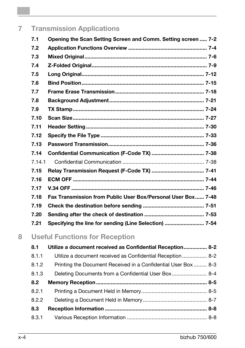 7transmission applications, 8useful functions for reception | Konica Minolta FK-502 User Manual | Page 5 / 458