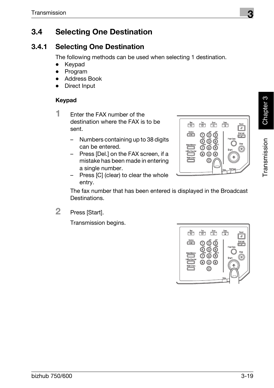 4 selecting one destination, 1 selecting one destination, Keypad | Selecting one destination -19 | Konica Minolta FK-502 User Manual | Page 78 / 458