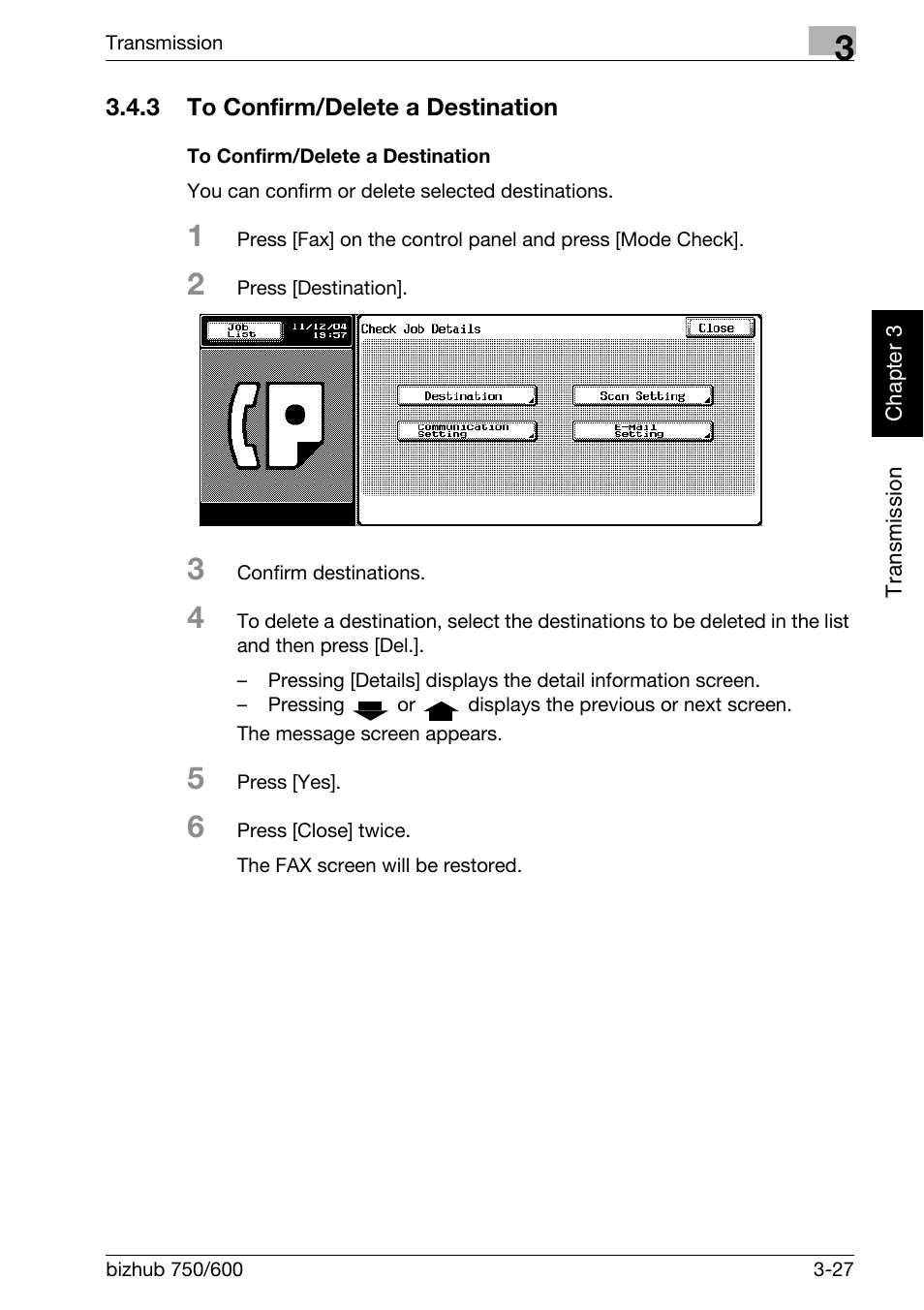 3 to confirm/delete a destination, To confirm/delete a destination, To confirm/delete a destination -27 | Konica Minolta FK-502 User Manual | Page 86 / 458