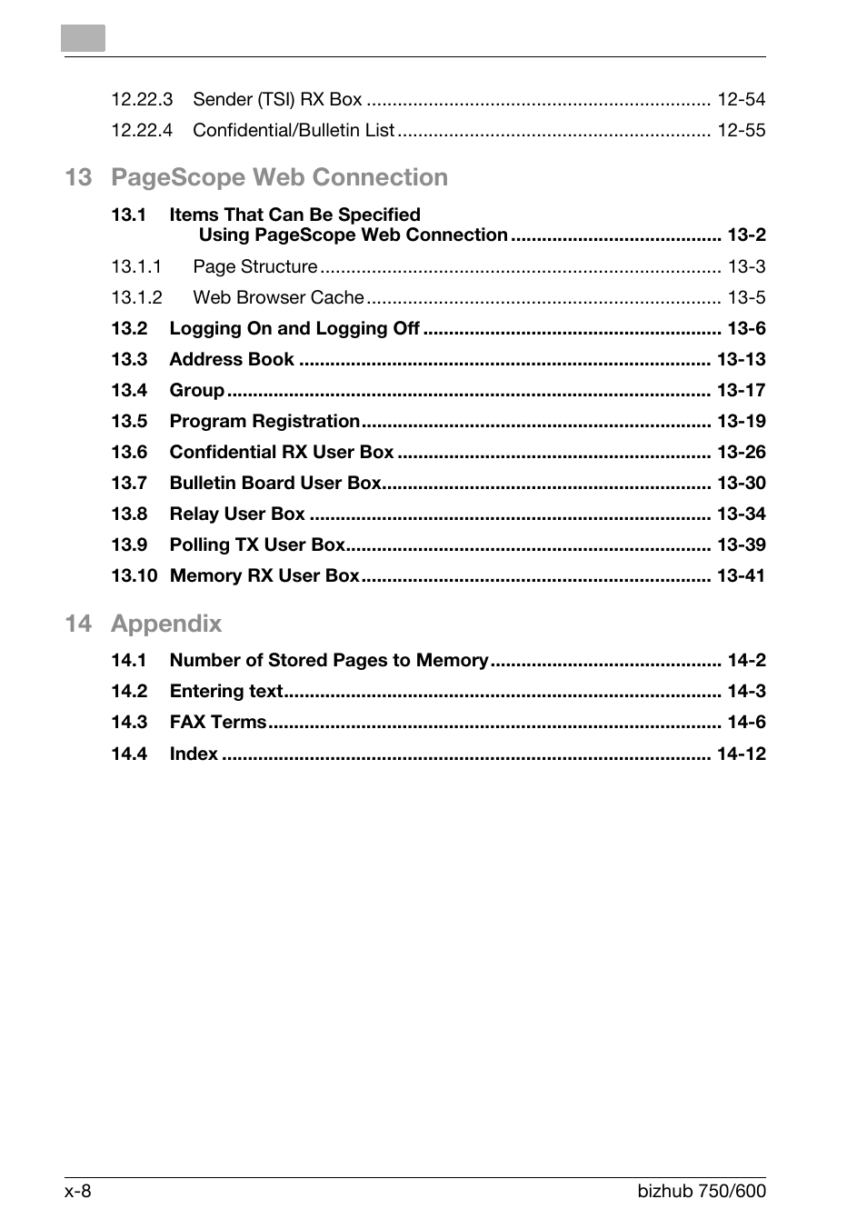 13 pagescope web connection, 14 appendix | Konica Minolta FK-502 User Manual | Page 9 / 458