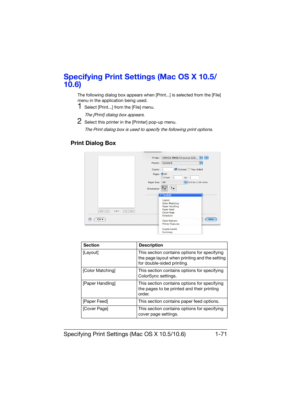 Specifying print settings (mac os x 10.5/ 10.6), Print dialog box, Specifying print settings (mac os x 10.5/10.6) -71 | Print dialog box -71 | Konica Minolta bizhub C25 User Manual | Page 100 / 551
