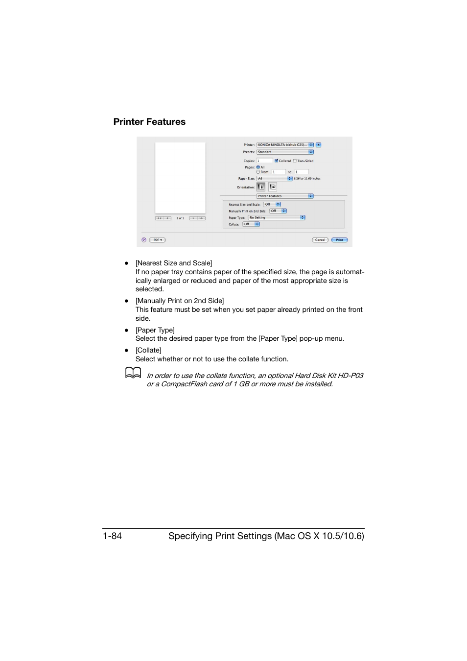 Printer features, Printer features -84 | Konica Minolta bizhub C25 User Manual | Page 113 / 551