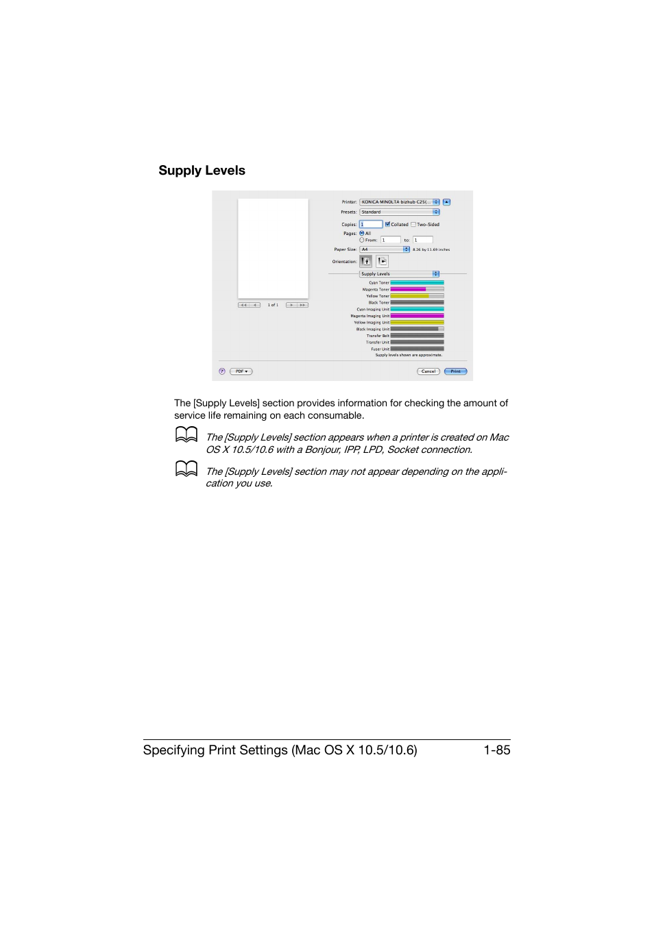 Supply levels, Supply levels -85 | Konica Minolta bizhub C25 User Manual | Page 114 / 551
