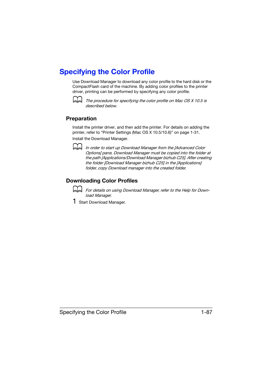 Specifying the color profile, Preparation, Downloading color profiles | Specifying the color profile -87, Preparation -87 downloading color profiles -87 | Konica Minolta bizhub C25 User Manual | Page 116 / 551