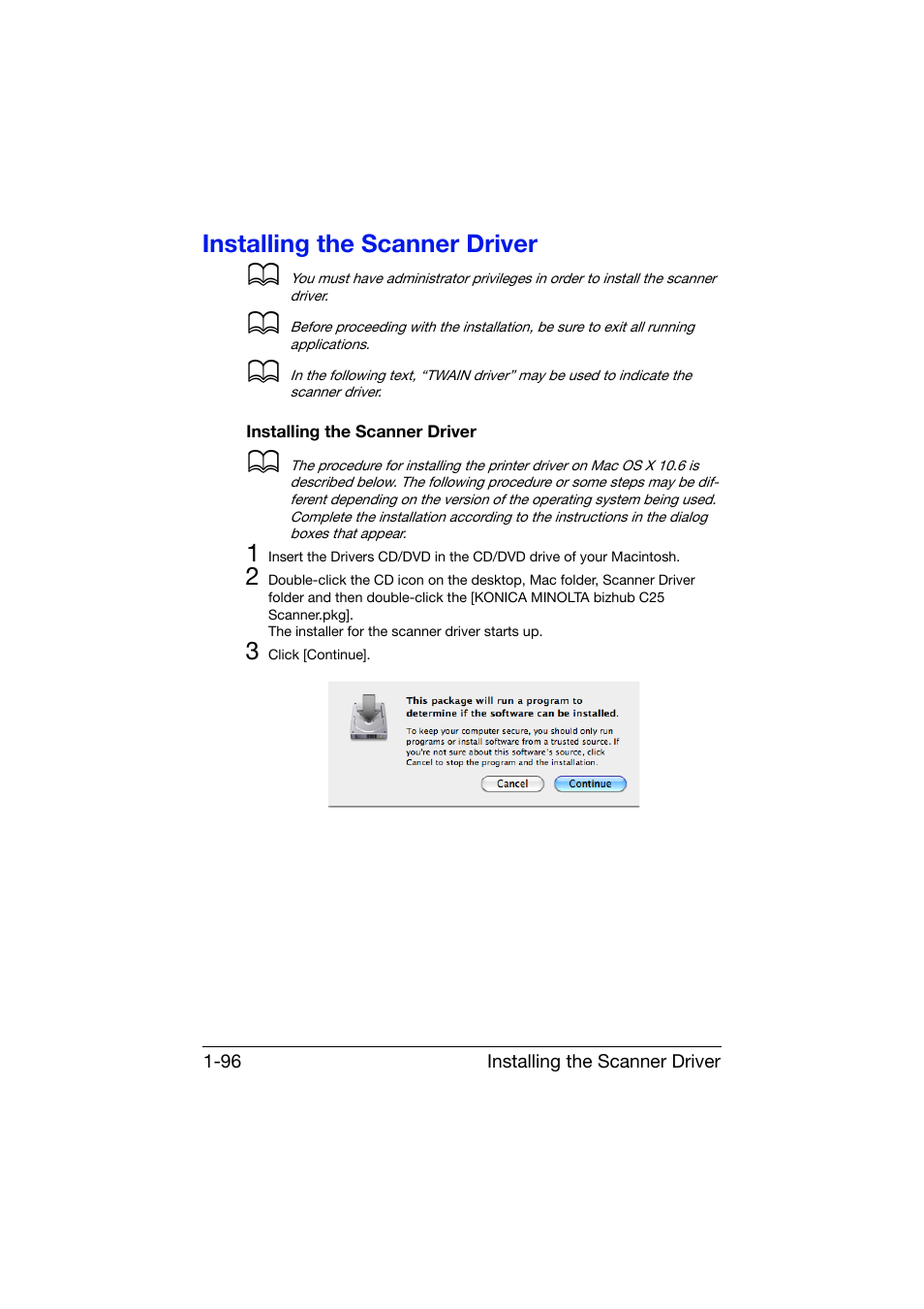 Installing the scanner driver, Installing the scanner driver -96 | Konica Minolta bizhub C25 User Manual | Page 125 / 551