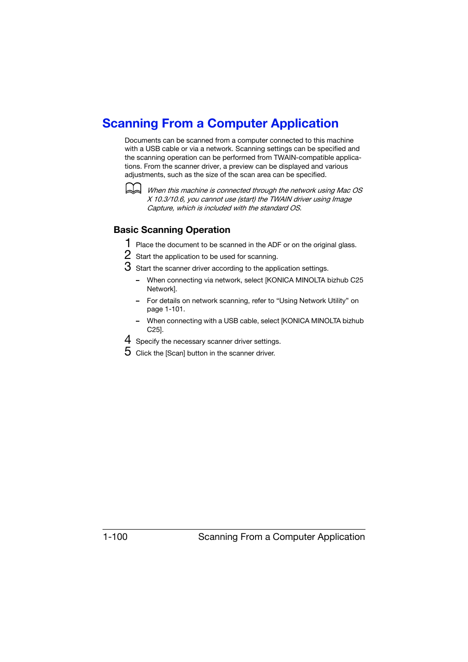 Scanning from a computer application, Basic scanning operation, Scanning from a computer application -100 | Basic scanning operation -100 | Konica Minolta bizhub C25 User Manual | Page 129 / 551