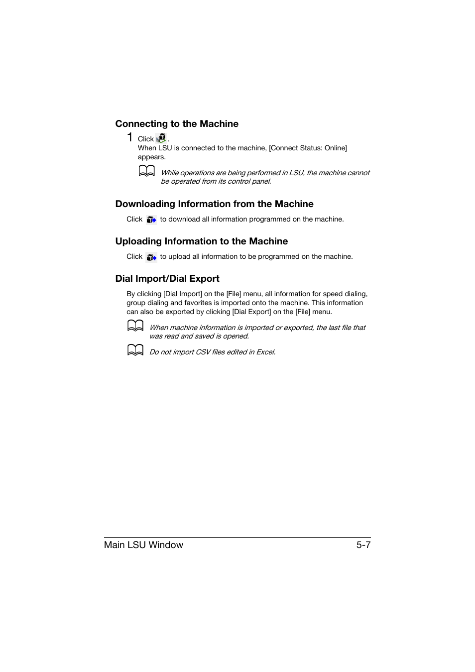 Connecting to the machine, Downloading information from the machine, Uploading information to the machine | Dial import/dial export | Konica Minolta bizhub C25 User Manual | Page 216 / 551