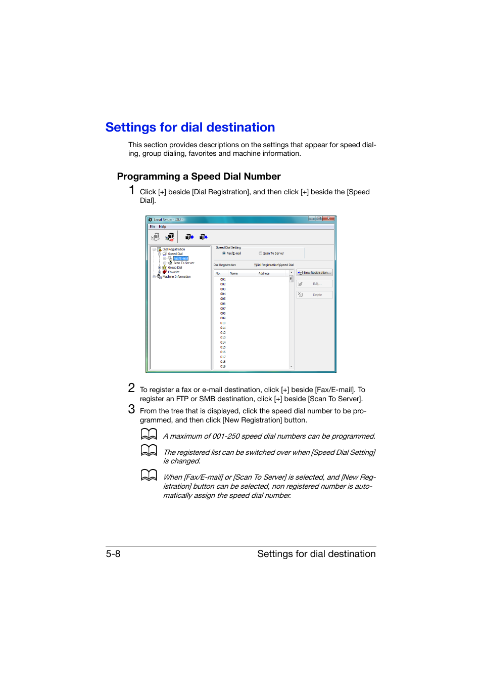 Settings for dial destination, Programming a speed dial number, Settings for dial destination -8 | Programming a speed dial number -8 | Konica Minolta bizhub C25 User Manual | Page 217 / 551