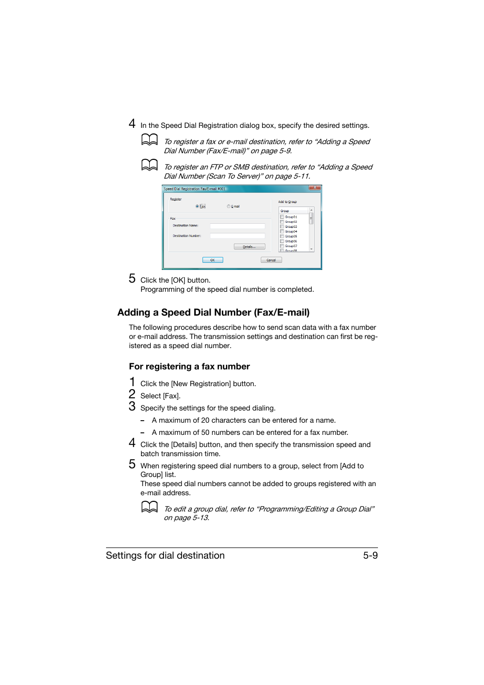 Adding a speed dial number (fax/e-mail), For registering a fax number, Adding a speed dial number (fax/e-mail) -9 | For registering a fax number -9 | Konica Minolta bizhub C25 User Manual | Page 218 / 551