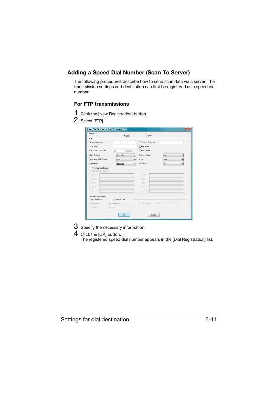 Adding a speed dial number (scan to server), For ftp transmissions, Adding a speed dial number (scan to server) -11 | For ftp transmissions -11 | Konica Minolta bizhub C25 User Manual | Page 220 / 551