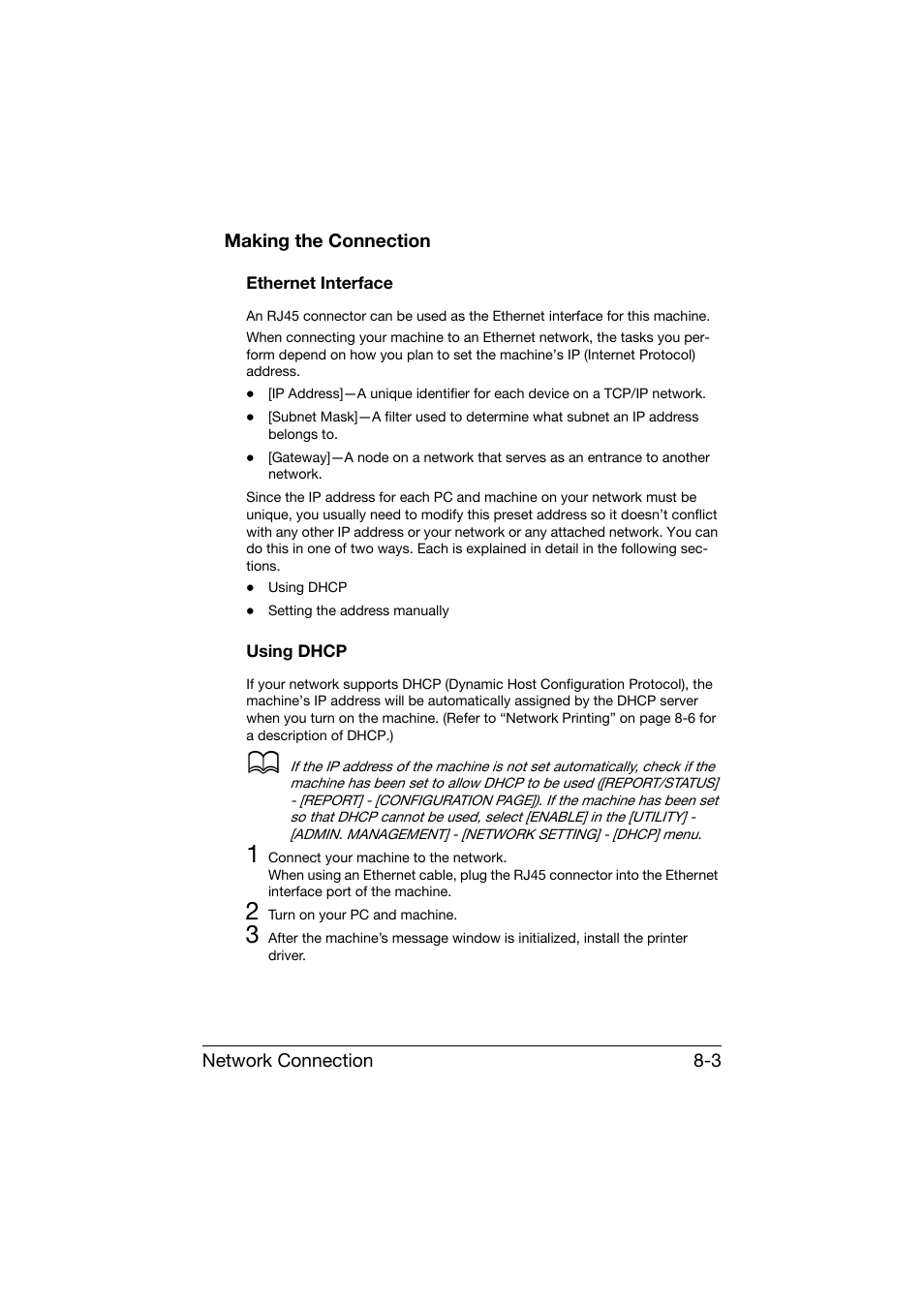 Making the connection, Ethernet interface, Using dhcp | Making the connection -3, Ethernet interface -3 using dhcp -3 | Konica Minolta bizhub C25 User Manual | Page 250 / 551