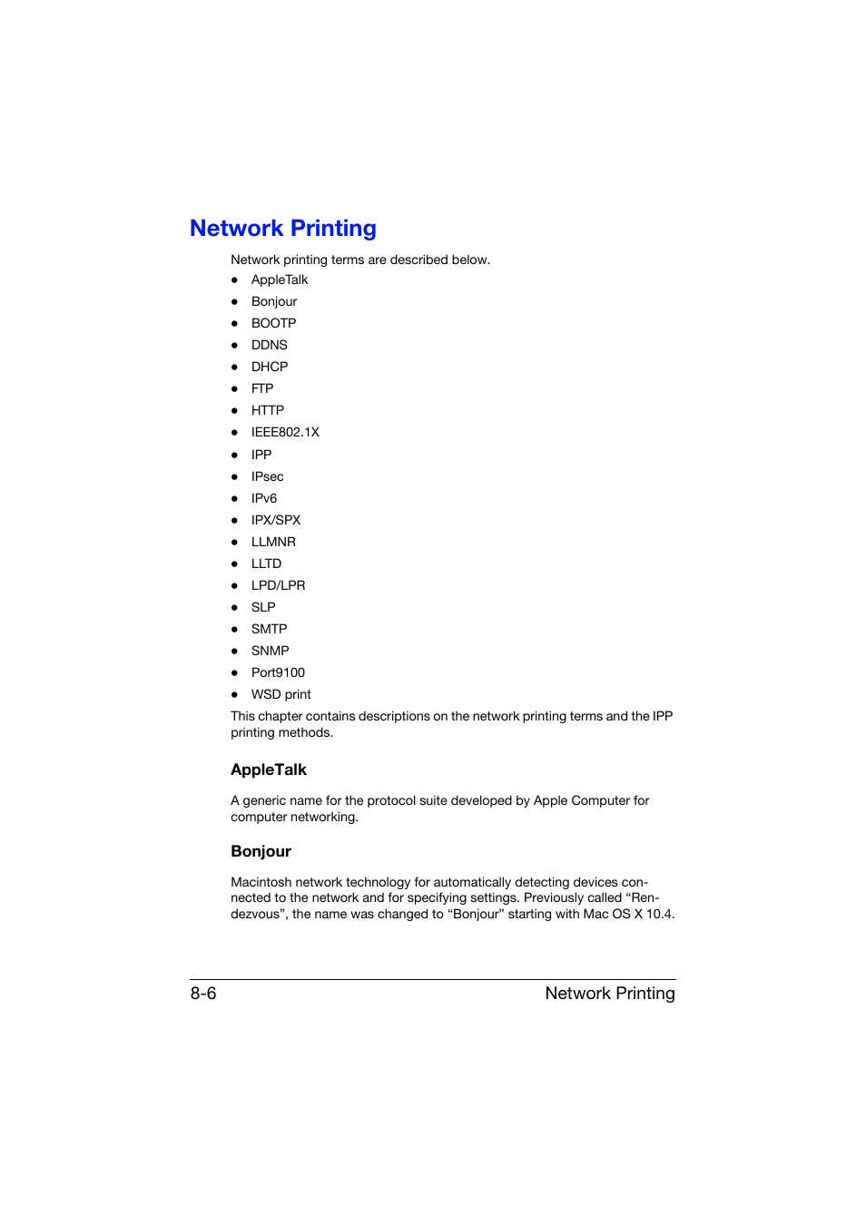 Network printing, Appletalk, Bonjour | Network printing -6, Appletalk -6 bonjour -6, Network printing 8-6 | Konica Minolta bizhub C25 User Manual | Page 253 / 551