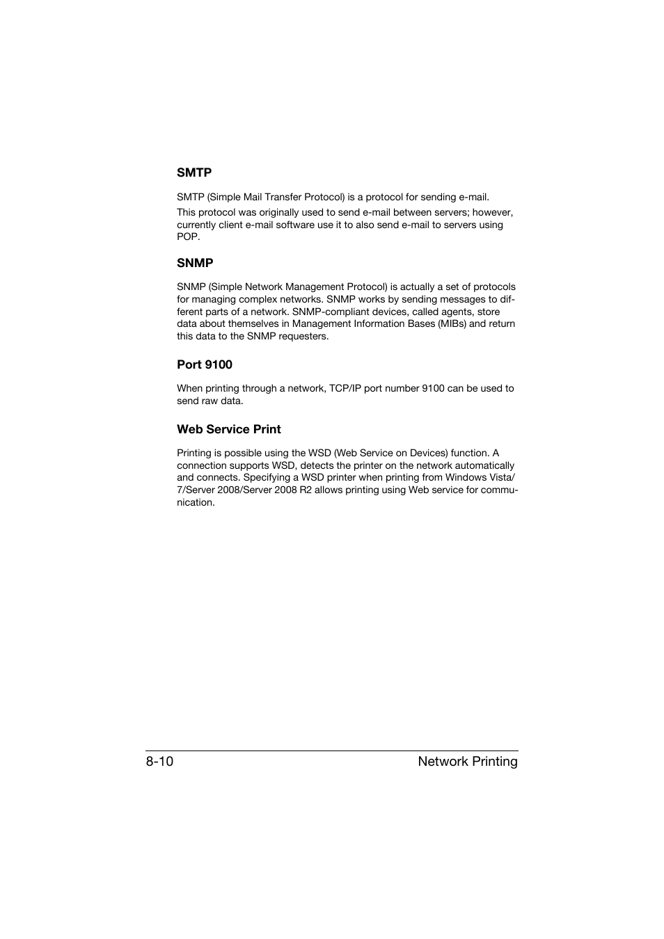 Smtp, Snmp, Port 9100 | Web service print | Konica Minolta bizhub C25 User Manual | Page 257 / 551