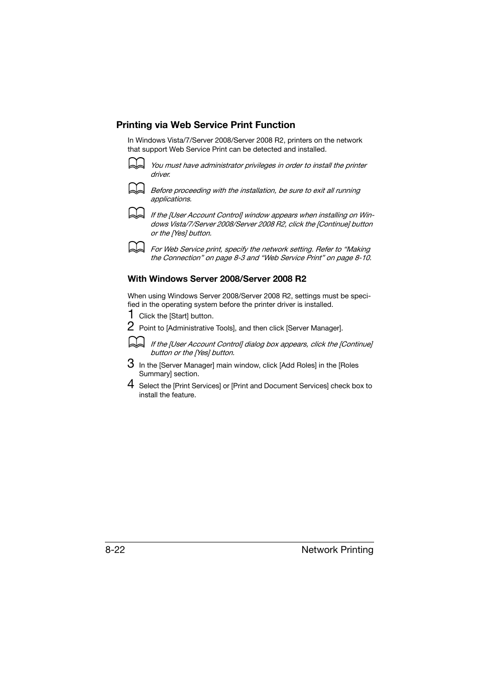 Printing via web service print function, With windows server 2008/server 2008 r2, Printing via web service print function -22 | With windows server 2008/server 2008 r2 -22 | Konica Minolta bizhub C25 User Manual | Page 269 / 551