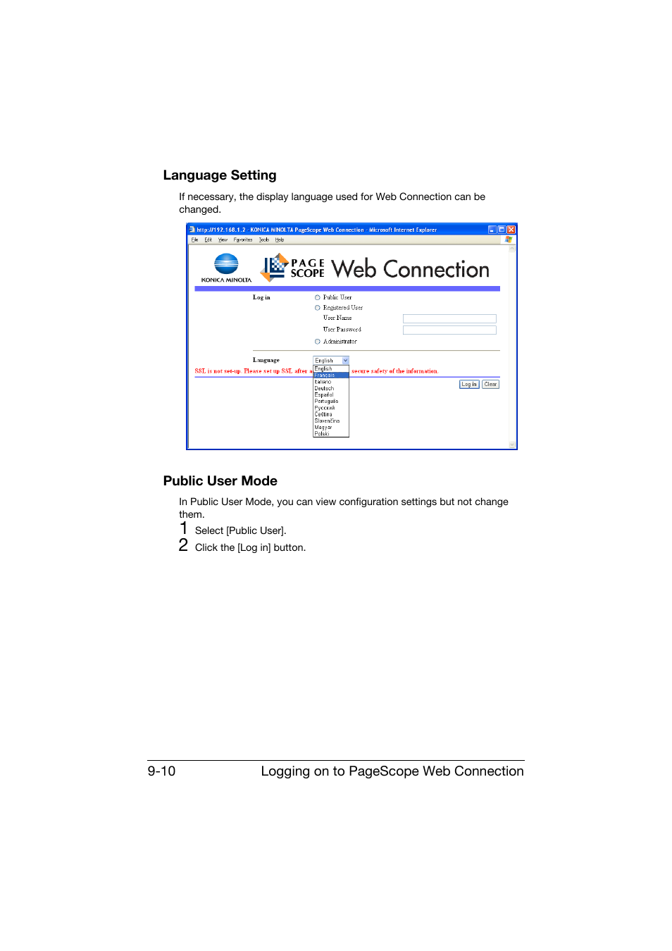 Language setting, Public user mode, Language setting -10 public user mode -10 | Konica Minolta bizhub C25 User Manual | Page 297 / 551
