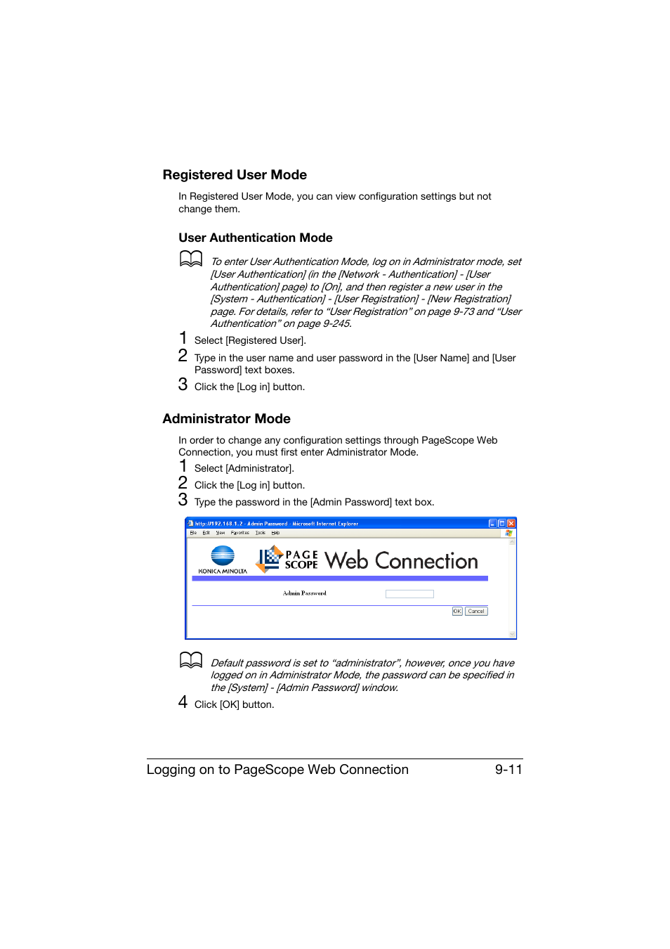 Registered user mode, User authentication mode, Administrator mode | Registered user mode -11, User authentication mode -11, Administrator mode -11 | Konica Minolta bizhub C25 User Manual | Page 298 / 551