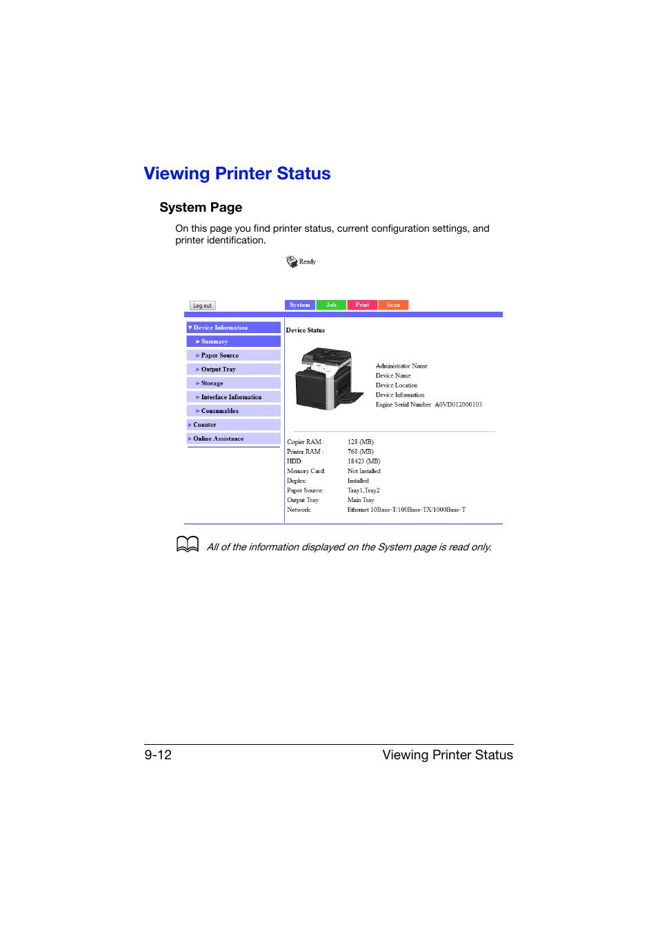 Viewing printer status, Viewing printer status -12 | Konica Minolta bizhub C25 User Manual | Page 299 / 551