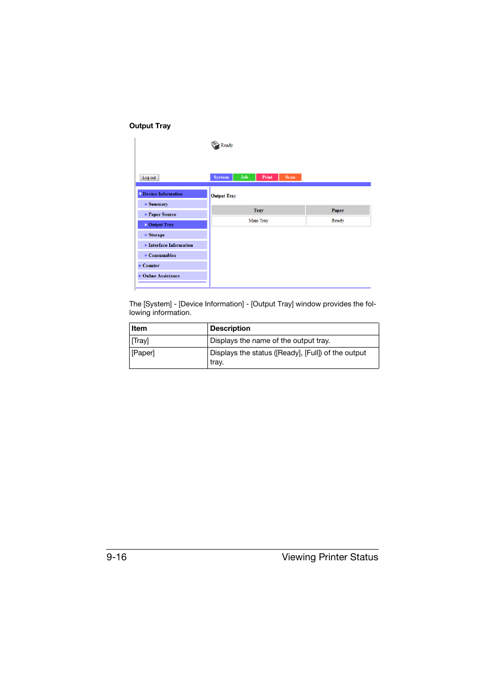 Viewing printer status 9-16 | Konica Minolta bizhub C25 User Manual | Page 303 / 551