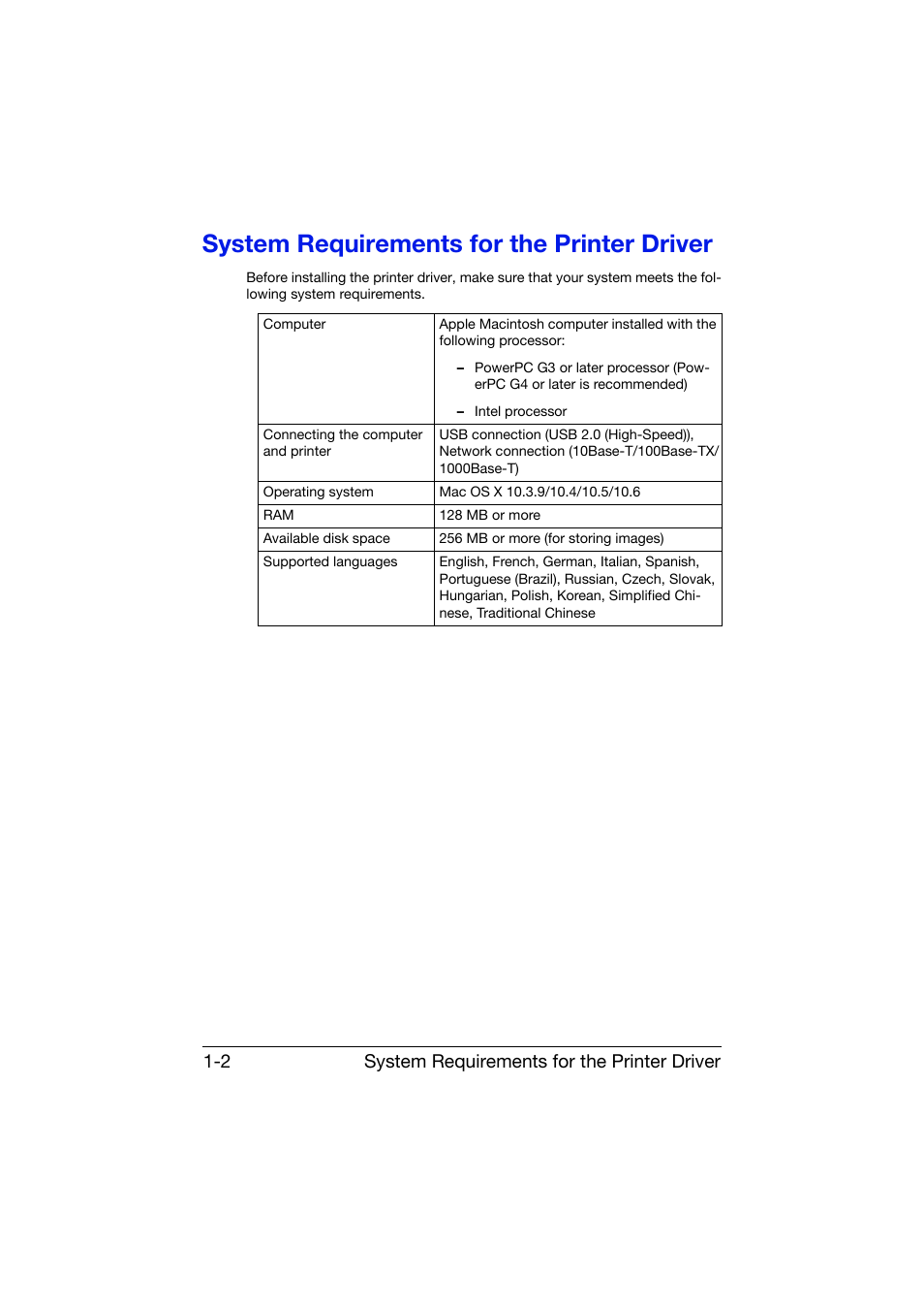 System requirements for the printer driver, System requirements for the printer driver -2, System requirements for the printer driver 1-2 | Konica Minolta bizhub C25 User Manual | Page 31 / 551